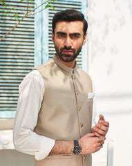 Off White Kurta Trouser with Beige Suiting Waistcoat - Round Cut - Men