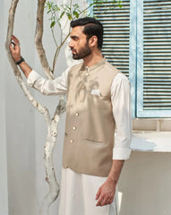 Off White Kurta Trouser with Beige Suiting Waistcoat - Round Cut - Men