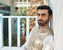 Off White Kurta Trouser with Beige Suiting Waistcoat - Round Cut - Men