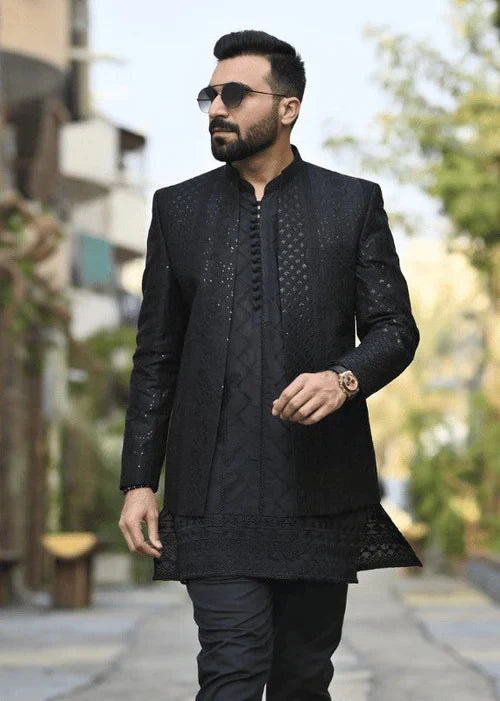 Black Embroidered Front Open Princecoat For Wedding - HK Fashion