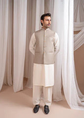 Bosky White Kurta Shalwar with Beige Suiting Waistcoat - Straight Cut - 3PC - Muraqsh