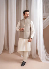 Bosky White Kurta Shalwar with Beige Suiting Waistcoat - Straight Cut - 3PC - Muraqsh