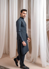 Charcoal Grey Kurta Shalwar with Suiting Waistcoat - Straight Cut - 3PC
