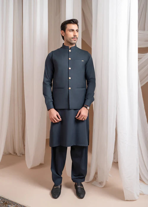 Charcoal Grey Kurta Shalwar with Suiting Waistcoat - Straight Cut - 3PC
