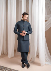Charcoal Grey Kurta Shalwar with Suiting Waistcoat - Straight Cut - 3PC