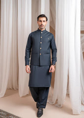 Charcoal Grey Kurta Shalwar with Suiting Waistcoat - Straight Cut - 3PC