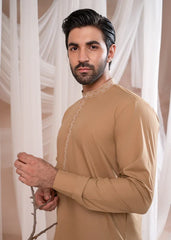 Formal Camel Kurta Shalwar - Collar Neck Embroidered - Men - Muraqsh