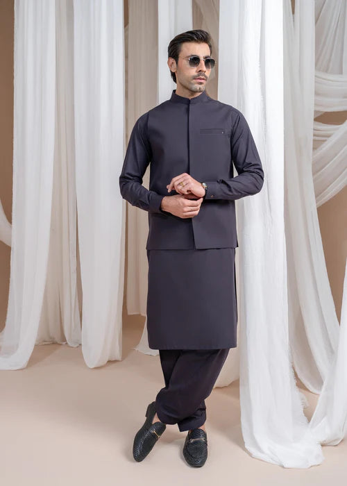 Burgundy Luxury Formal Kameez Shalwar with Blended Waistcoat - 3PC