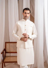 Bosky White Formal Kameez Shalwar with Blended Waistcoat - Straight Cut Buttoned- 3PC - Muraqsh