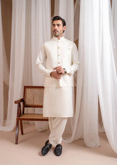 Bosky White Formal Kameez Shalwar with Blended Waistcoat - Straight Cut Buttoned- 3PC
