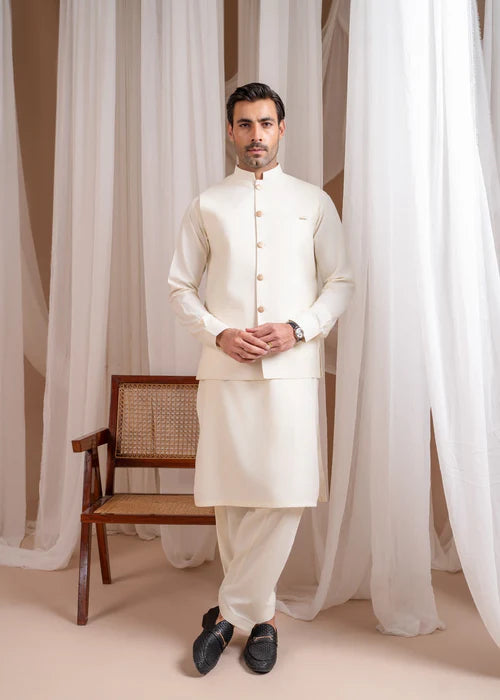 Bosky White Formal Kameez Shalwar with Blended Waistcoat - Straight Cut Buttoned- 3PC