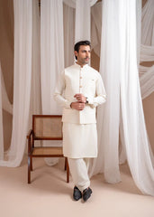 Bosky White Formal Kameez Shalwar with Blended Waistcoat - Straight Cut Buttoned- 3PC