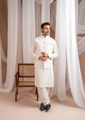 Bosky White Formal Kameez Shalwar with Blended Waistcoat - Straight Cut Buttoned- 3PC - Muraqsh