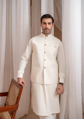 Bosky White Formal Kameez Shalwar with Blended Waistcoat - Straight Cut Buttoned- 3PC - Muraqsh