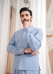 Sapphire Blue Luxury Formal Kameez Shalwar with Blended Waistcoat - 3PC