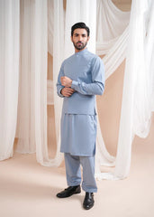 Sapphire Blue Luxury Formal Kameez Shalwar with Blended Waistcoat - 3PC