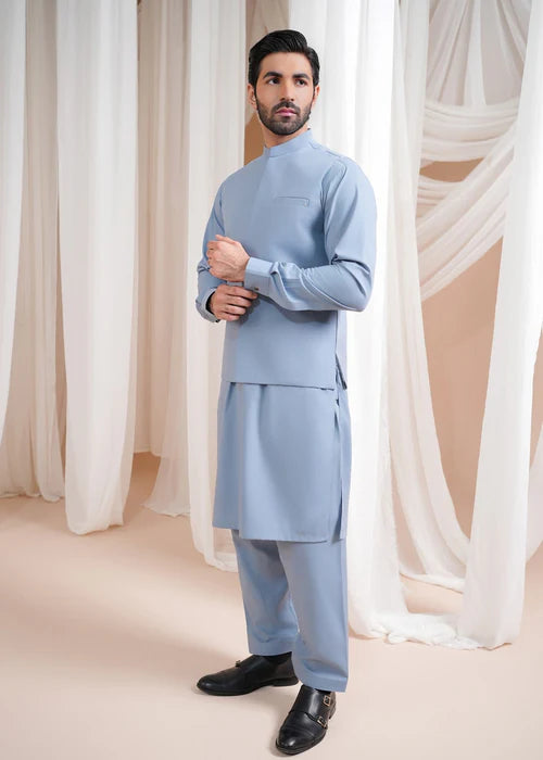 Sapphire Blue Luxury Formal Kameez Shalwar with Blended Waistcoat - 3PC