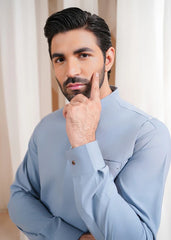 Sapphire Blue Luxury Formal Kameez Shalwar with Blended Waistcoat - 3PC