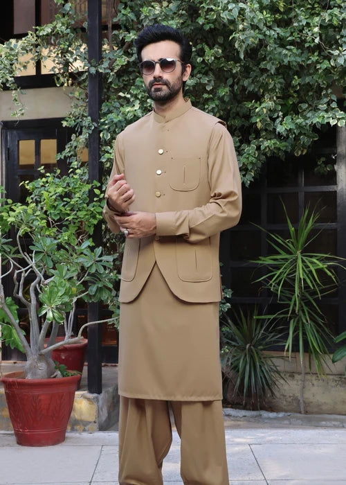 (3 Piece) - Sand Brown Suit with Matching Waistcoat