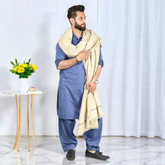 Kamaal Khan Kashmiri Fusion Dhussa Shawl - Creame White