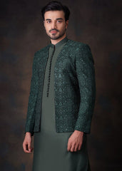 House Of Arsalan Iqbal Emerald Green Front open Prince Jacket.