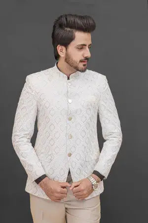 White Jamawar Prince Coat 013 - Azlan Shahzad