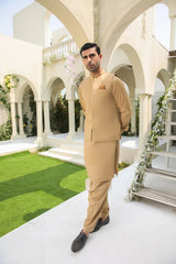 Camel Kameez Shalwar with Blended Waistcoat - Men