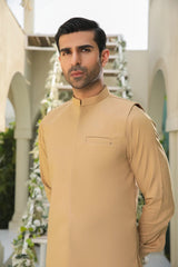 Camel Kameez Shalwar with Blended Waistcoat - Men