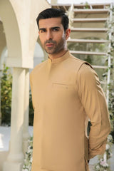 Camel Kameez Shalwar with Blended Waistcoat - Men