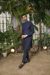 Navy Blue Kurta Trouser with Embroidered Waistcoat - Men