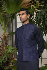 Navy Blue Kurta Trouser with Embroidered Waistcoat - Men
