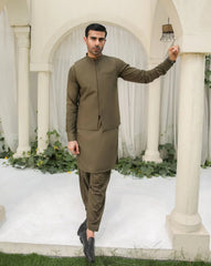 Olive Green Kameez Shalwar with Blended Waistcoat - Men