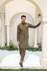 Olive Green Kameez Shalwar with Blended Waistcoat - Men