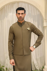 Olive Green Kameez Shalwar with Blended Waistcoat - Men