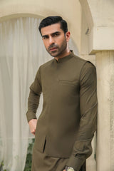 Olive Green Kameez Shalwar with Blended Waistcoat - Men