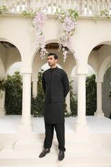 Midnight Black Kameez Shalwar with Blended Waistcoat - Men
