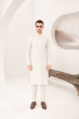 Off White Cotton Embroidered Kurta Trouser - Men