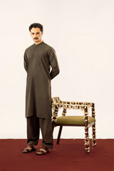 Formal Olive Green Kurta Shalwar - Collar Neck Embroidered - Men