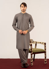 Formal Sand Grey Kurta Shalwar - Collar Neck Embroidered - Men