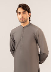 Formal Sand Grey Kurta Shalwar - Collar Neck Embroidered - Men