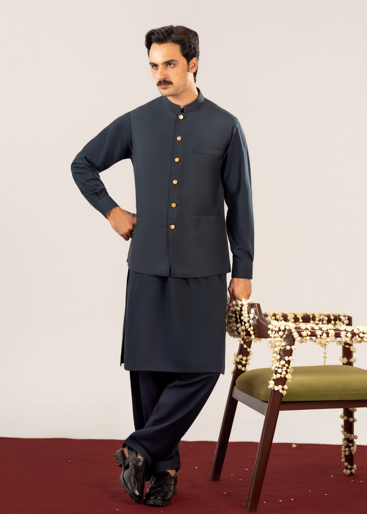 Midnight Blue Kurta Shalwar with Pick-Stitch Matching Waistcoat - Men