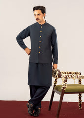 Midnight Blue Kurta Shalwar with Pick-Stitch Matching Waistcoat - Men