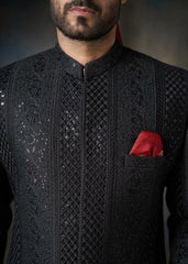 Jet black Talisman - All embroidered Sherwani - House Of Arsalan Iqbal