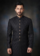 Jet Black - Persian artwork all thread and sequins Sherwani - House Of Arsalan Iqbal