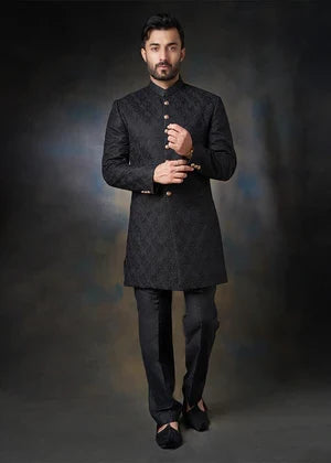 Jet Black - Persian artwork all thread and sequins Sherwani - House Of Arsalan Iqbal