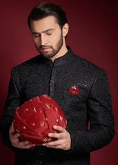 Jet Black Persian Painting Sherwani - All Embroidered - House Of Arsalan Iqbal