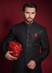 Jet Black Persian Painting Sherwani - All Embroidered - House Of Arsalan Iqbal