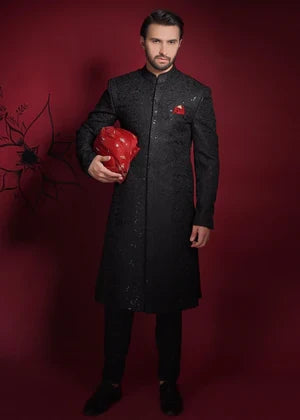 Jet Black Persian Painting Sherwani - All Embroidered - House Of Arsalan Iqbal