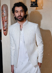 HK Fashion Off White Embroidered Front Open Princecoat