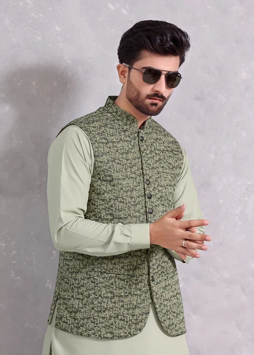 (3 Piece) - Green Festive wear Suit with Matching Waistcoat